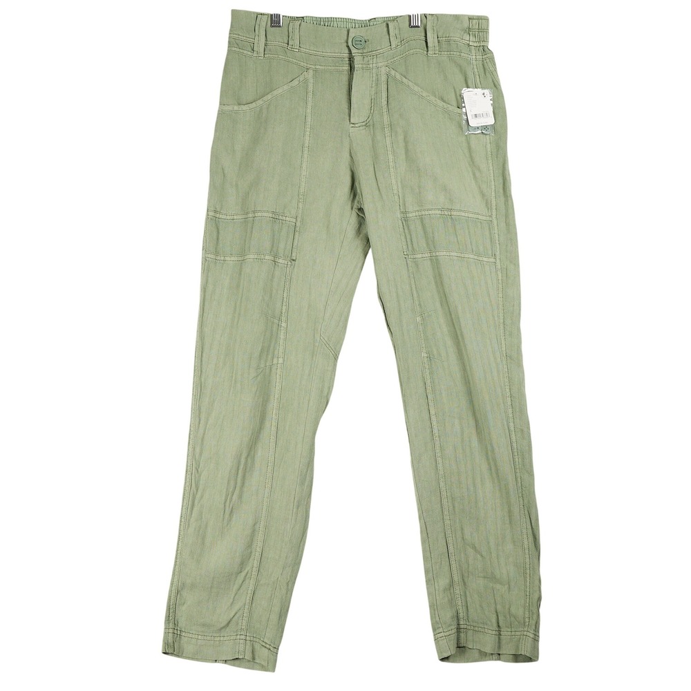 NWT Free People Oil Green Linen Cotton Herringbone Utility Pants Womens S